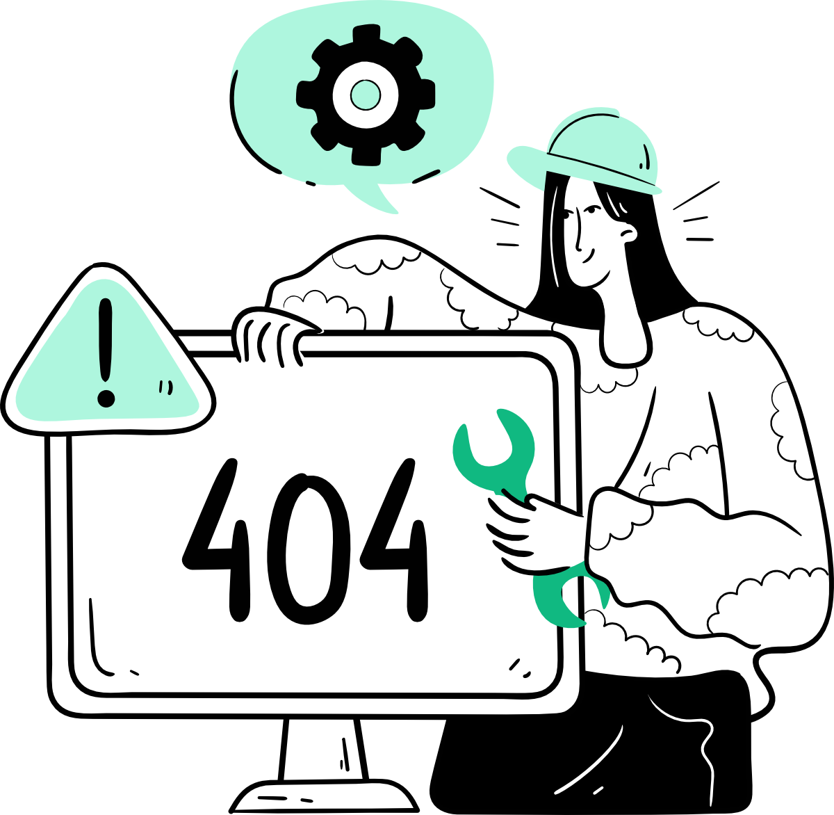 Illustration of a WordPress maintenance expert wearing a hard hat and holding a wrench to fix a 404 page not found error. A warning alert and a settings gear symbolize active troubleshooting and technical support.