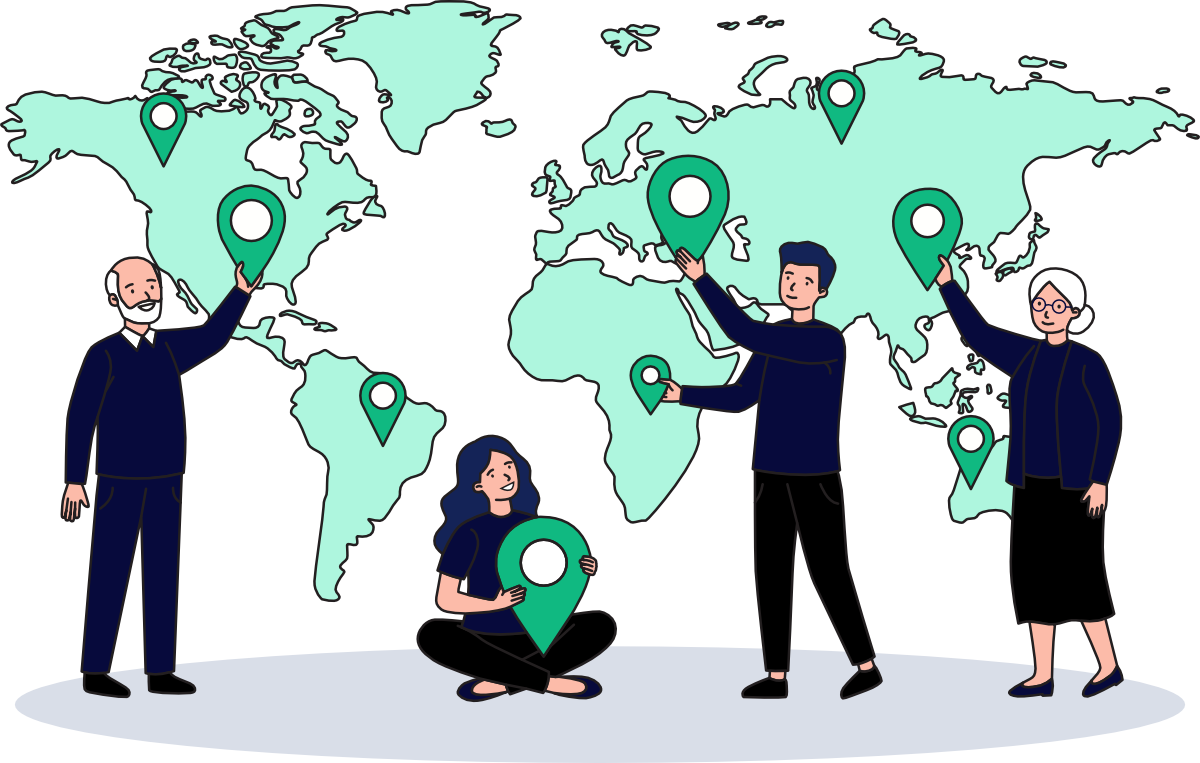 A stylized graphic showing four diverse individuals holding map markers in front of a world map, illustrating our international client base and worldwide WordPress website maintenance services.