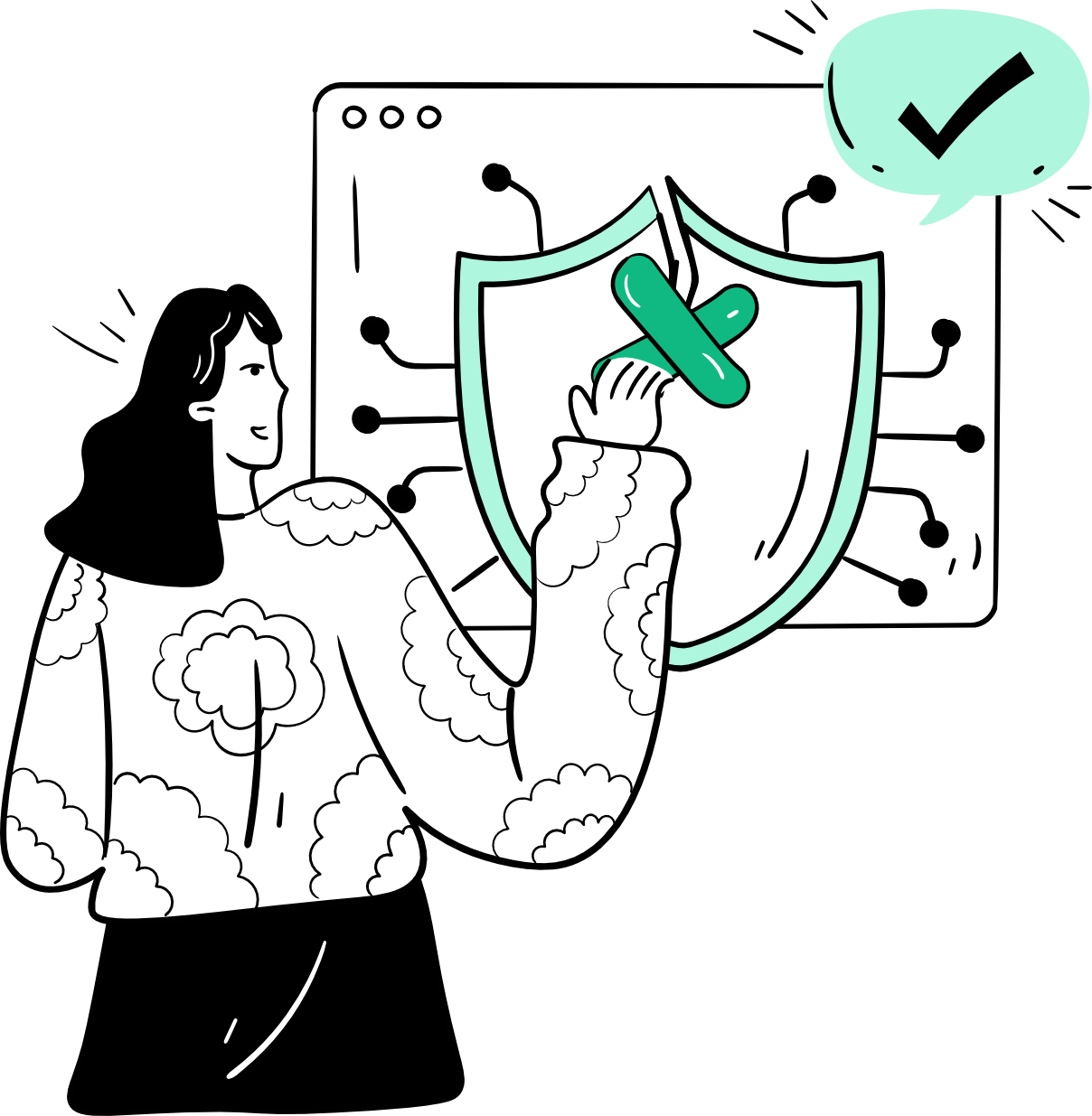 Illustration of a WordPress security expert applying a patch to a cracked shield in a browser window, representing vulnerability fixing and site protection, resulting in a successful green checkmark.