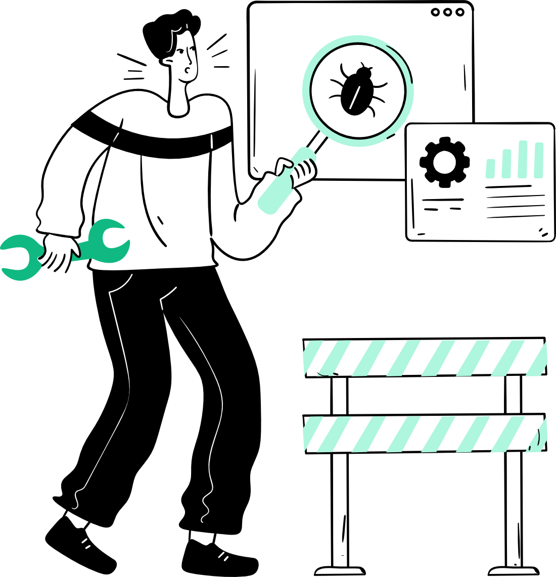 Illustration of a WordPress support expert holding a wrench and using a magnifying glass to locate a software bug on a website, standing next to an under-construction barrier and a performance dashboard.