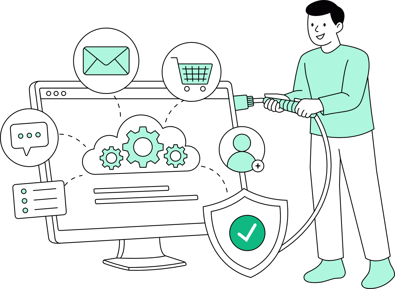 Illustration of a developer setting up a WordPress website with features including eCommerce, email, live chat, cloud configuration, user management, and security protection