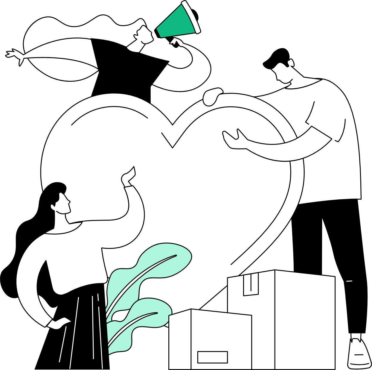 Illustration of a passionate nonprofit team working together around a large heart, with a volunteer using a megaphone for outreach, a coordinator managing donation boxes, and a supporter rallying the cause, representing WordPress website maintenance that helps nonprofit organizations focus on their mission