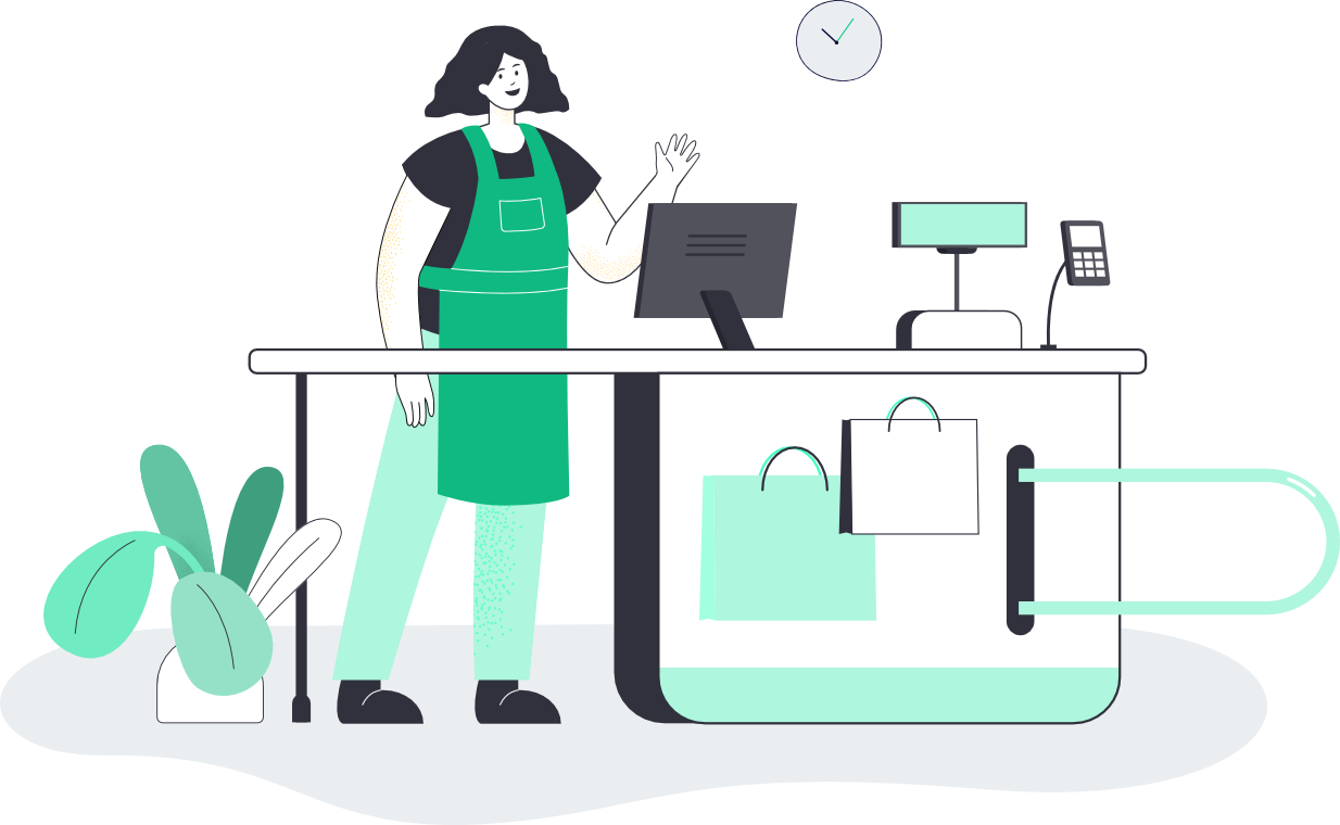 Illustration of a cheerful small business owner in an apron at a retail checkout counter with a POS screen, payment terminal, and shopping bags, representing reliable WordPress website maintenance that keeps small businesses running smoothly