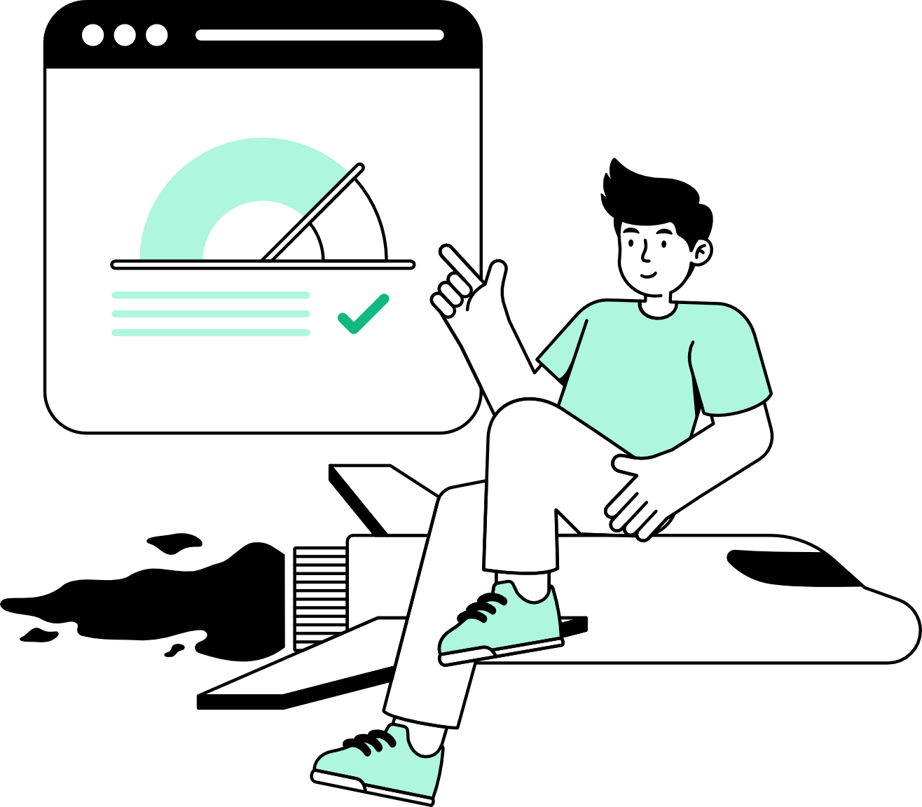 Illustration of a WordPress performance expert riding a rocket ship while pointing to a browser window displaying a high-speed gauge and a green checkmark, representing successful WP speed optimization and passing Core Web Vitals.