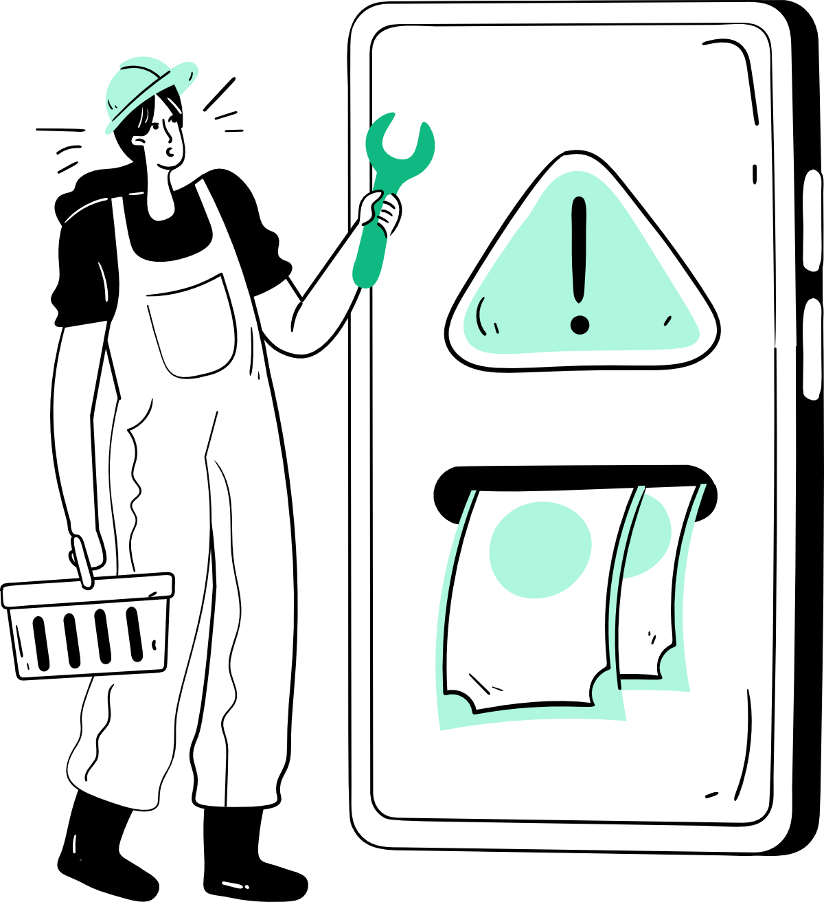 Illustration of a maintenance technician with a wrench and shopping basket fixing a mobile eCommerce website showing a warning alert and receipt error, representing WordPress WooCommerce maintenance and support