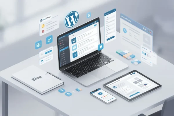 WordPress admin dashboard on laptop with plugins and analytics for emergency site recovery across devices