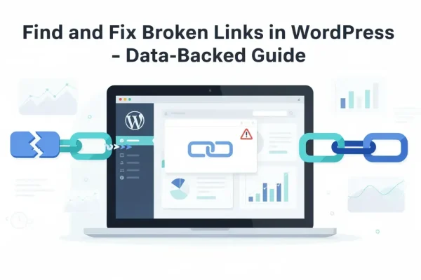 WordPress dashboard with broken link alert and chain repair graphic for fixing broken links in WordPress via link checker