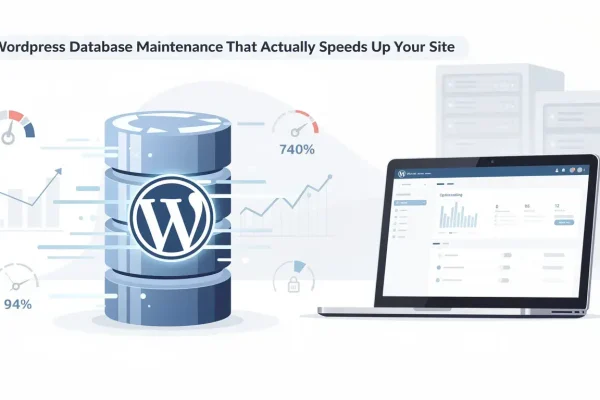 WordPress database cylinders with gauges at 94% and 740% performance, laptop showing optimization dashboard for site speed