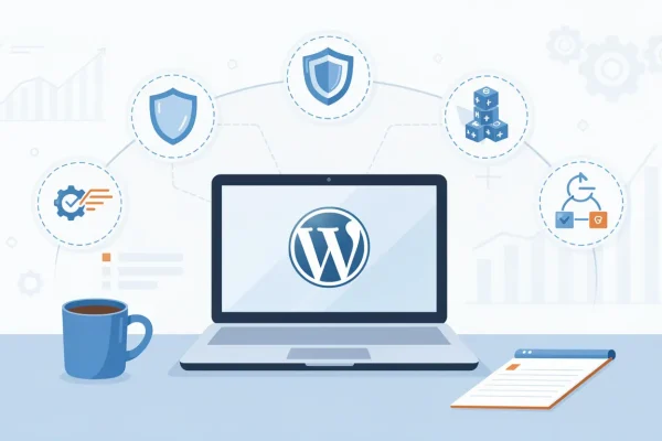 WordPress site dashboard on laptop with icons for security shields, database backups, plugin updates and server maintenance