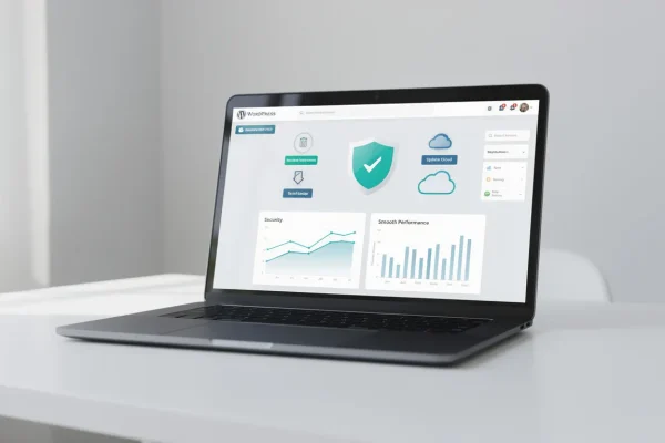WordPress maintenance dashboard on laptop showing update notifications, security shield, backup icons, performance graphs, clean minim al design, no visible text labels