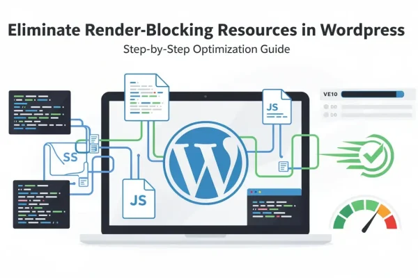 WordPress optimization eliminating render-blocking CSS/JS via critical CSS extraction and deferred wp_enqueue_script for higher PageSpeed scores