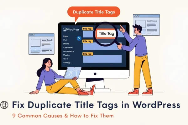 WordPress admin dashboard highlighting duplicate title tags in SEO settings menu with options for posts, pages, and canonical tag configuration
