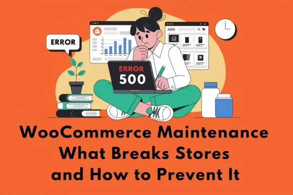 Developer troubleshooting WooCommerce 500 error on laptop with performance dashboards, database tools and maintenance resources