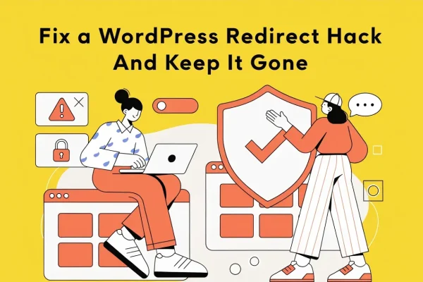 WordPress admin scans site files on laptop to remove redirect hack malware while enabling security shield to block malicious redirects